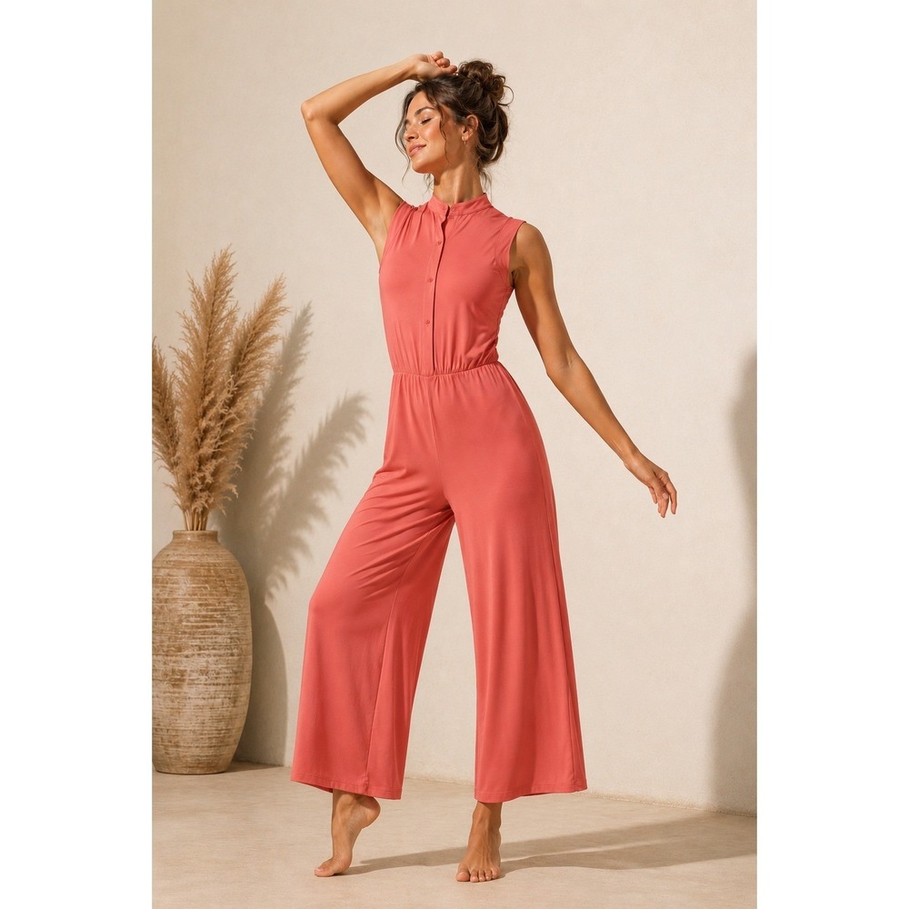 Balera Women Coral Jumpsuit Medium Adult Snap Front Mock Neck Wide Leg Dancewear
